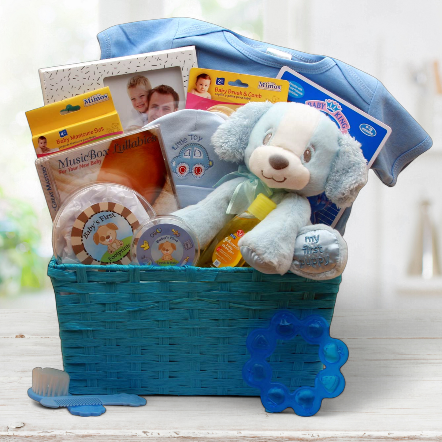My First Puppy New Baby Gift Basket -Blue