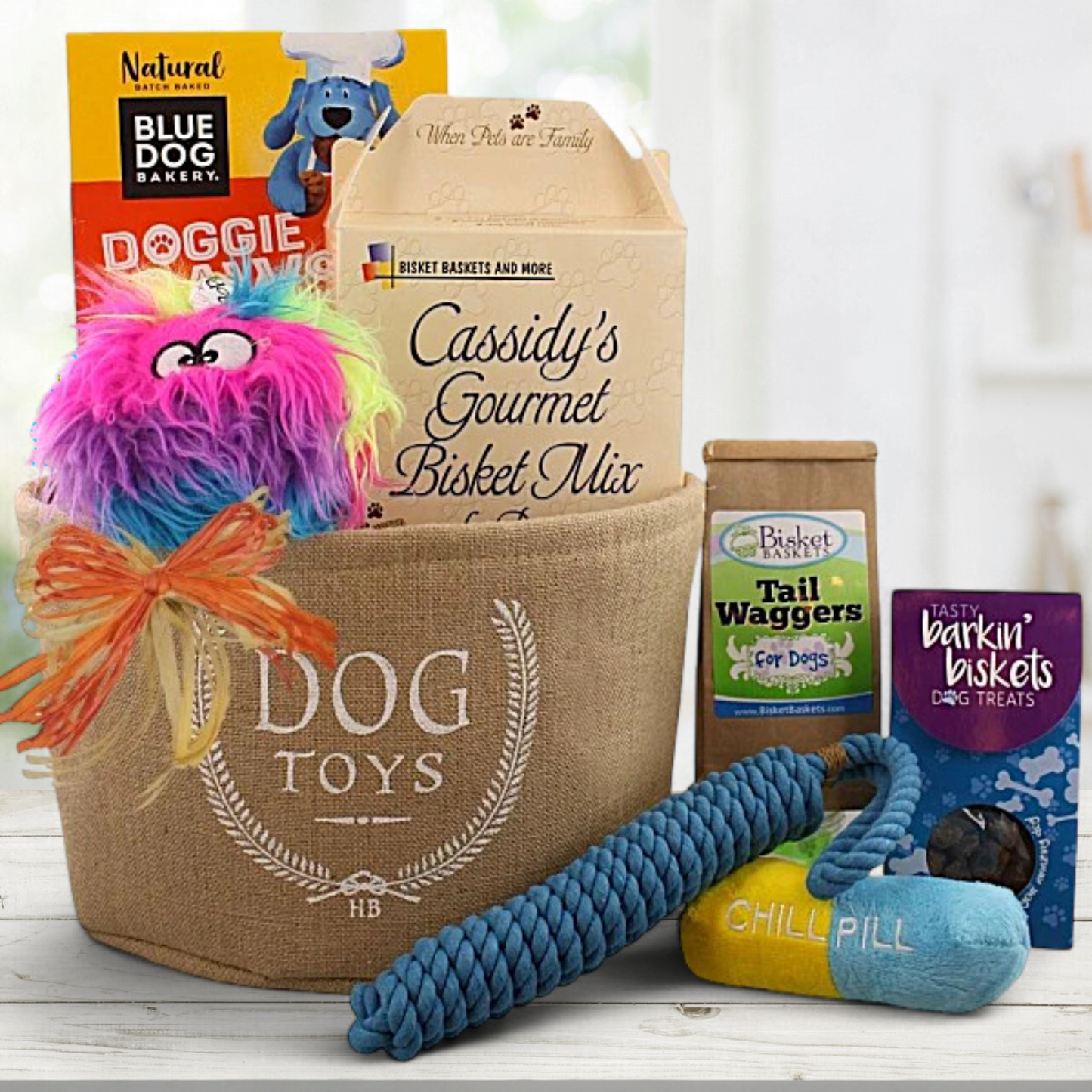 Dog Toy Basket with Dog Toys and Treats