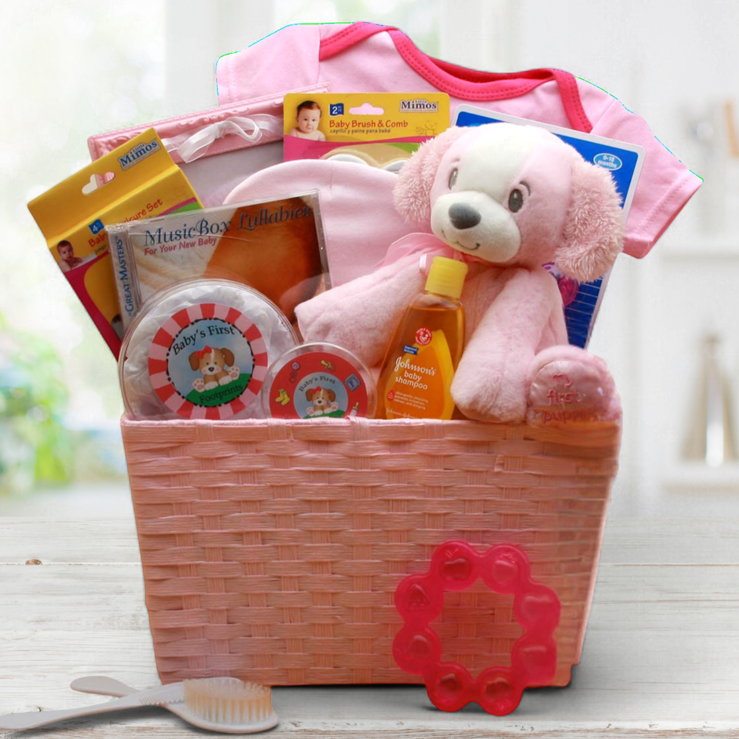 My First Puppy New Baby Gift Basket -Pink